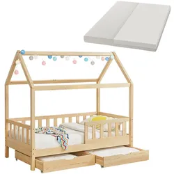 Juskys Kinderbett Marli 80 x 160 cm mit Matratze, Bettkasten, Gitter, Lattenrost & Dach - Bett Natur