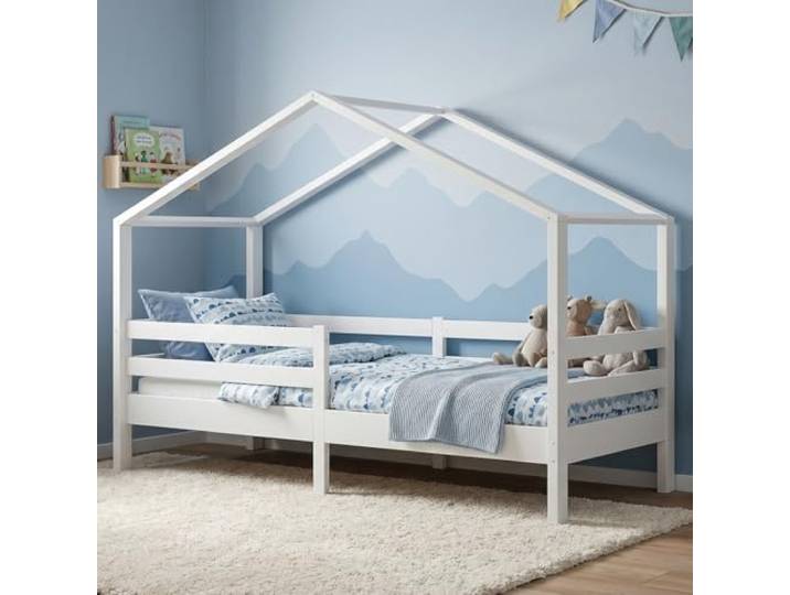 Bellabino Abia Kinderhausbett 90x200 cm, Weiß, aus Kiefer Massivholz Montessori Kinderbett mit Rausfallschutz & Lattenrost, für Jungen & Mädchen, Holzbett, Kinderbettgestell, Kinderzimmermöbel