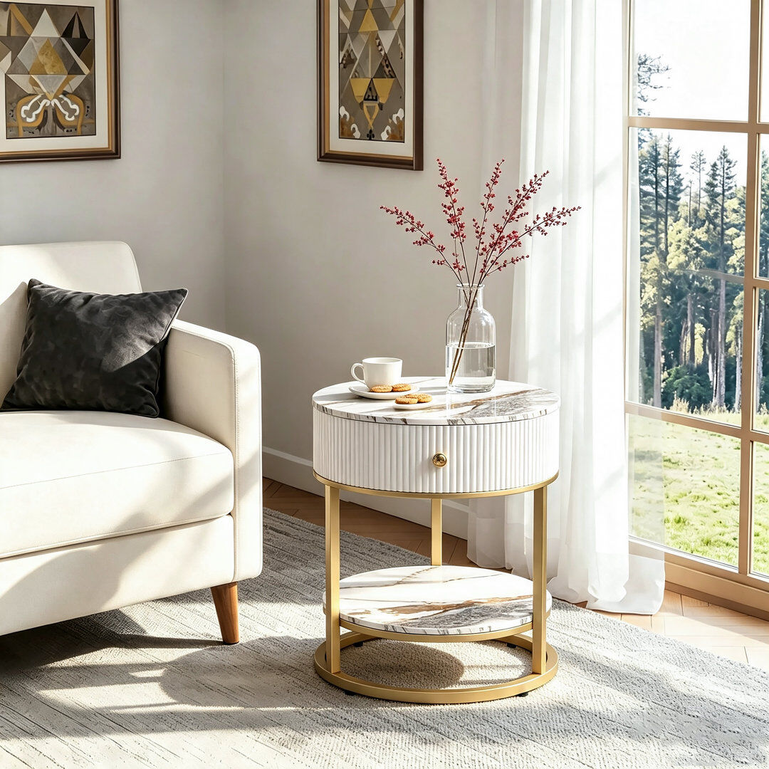 Canora Grey Frame Round Side Table Calacatta Gold/Gold/Gold 55.5cm H X 50cm W X 50cm D
