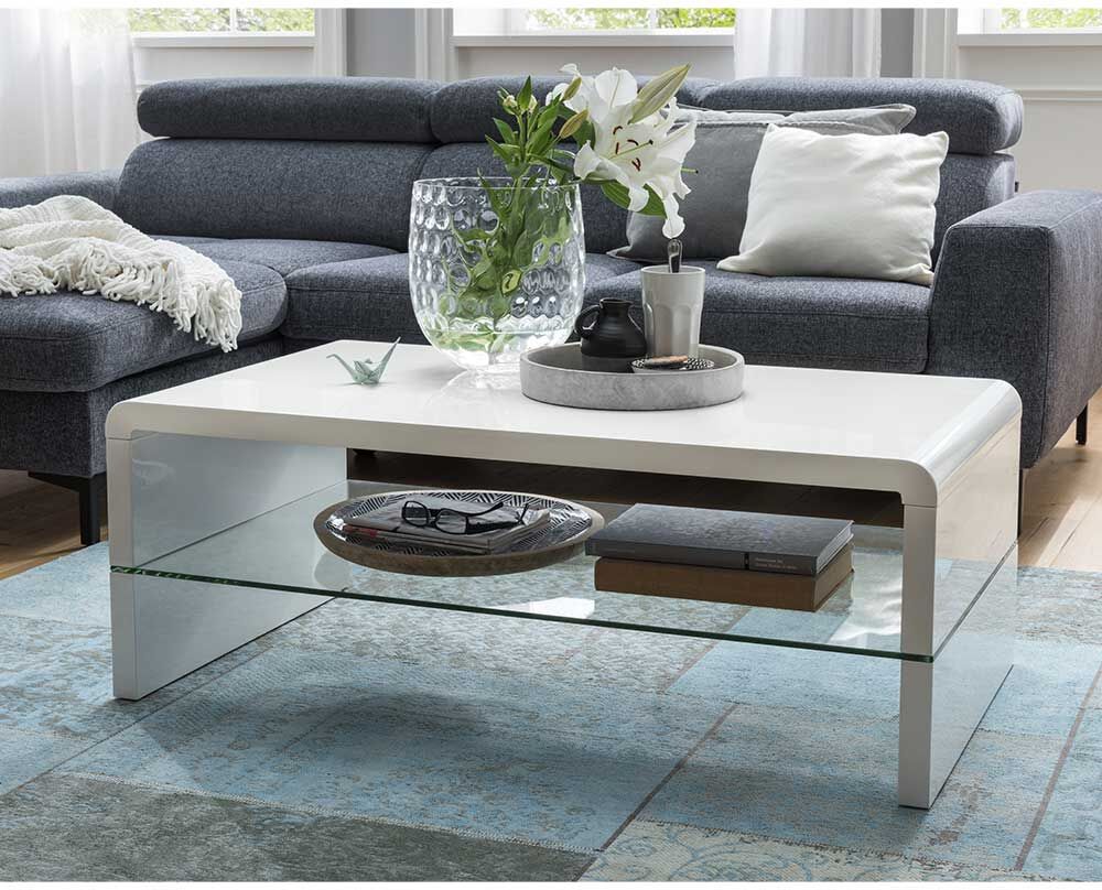 Pharao24.de Sofa Tisch weiß modern 110 cm breit Hochglanz