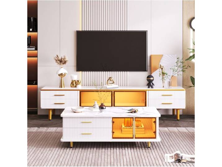 ROVRYN Ensemble meubles de salon meuble TV et table basse LED blanc et doré verre trempé décor marbre