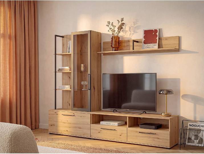 TV-Wand mit Stauraum - Eichefarben & Schwarz - DUBLIN