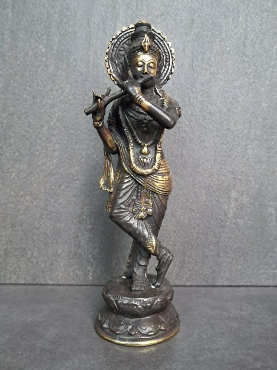 Bronskleurig Lord Krishna standbeeld met fluit, Hoogte: 26 cm