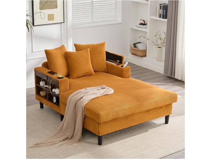Dripex Canapé en velours côtelé avec chaise longue dotée d'une grande surface d'appui porte-boissons Lumière LED et port USB Jaune