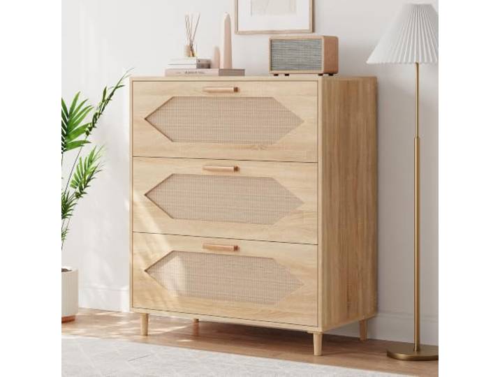 Euker Großer Stauraum Rattan Kommode mit 3 Schubladen Moderne Holzkommode für Schlafzimmer, Flur & Wohnzimmer – Eichenoptik – Schneller Aufbau – Farbe: Holzfarbe