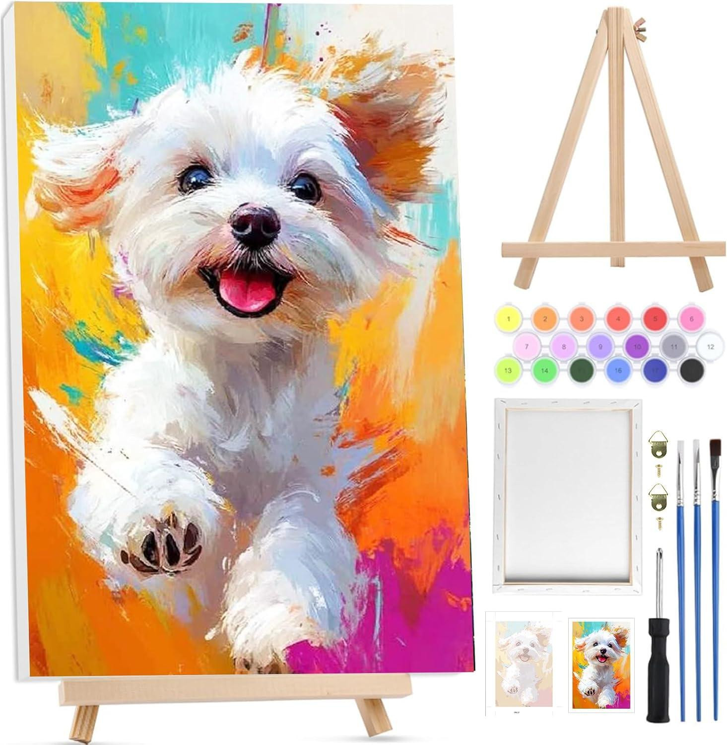 Schilderen op nummer Dieren Schilderij Kit met Canvas, Houten Ezel en Verfset voor Beginners