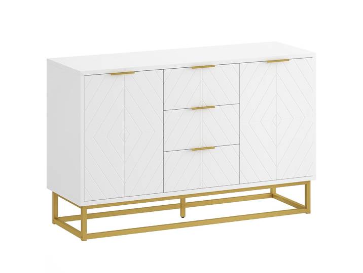 Buffet design contemporain graphique 2 portes 3 tiroirs blanc doré
