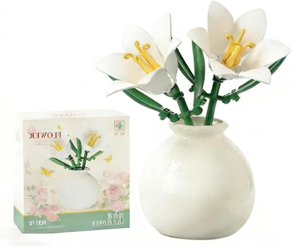 Romantische Bloemen Bouwstenen Set met Plastic Vaasje voor Creatieve DIY Decoratie