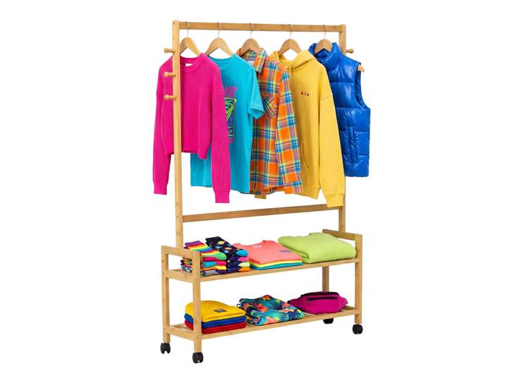 Relaxdays Kleiderständer Natur Bambus mit Rollen, Hellbraun, Holz, Kunststoff, 90x135x25 cm, Garderobe, Garderobenständer