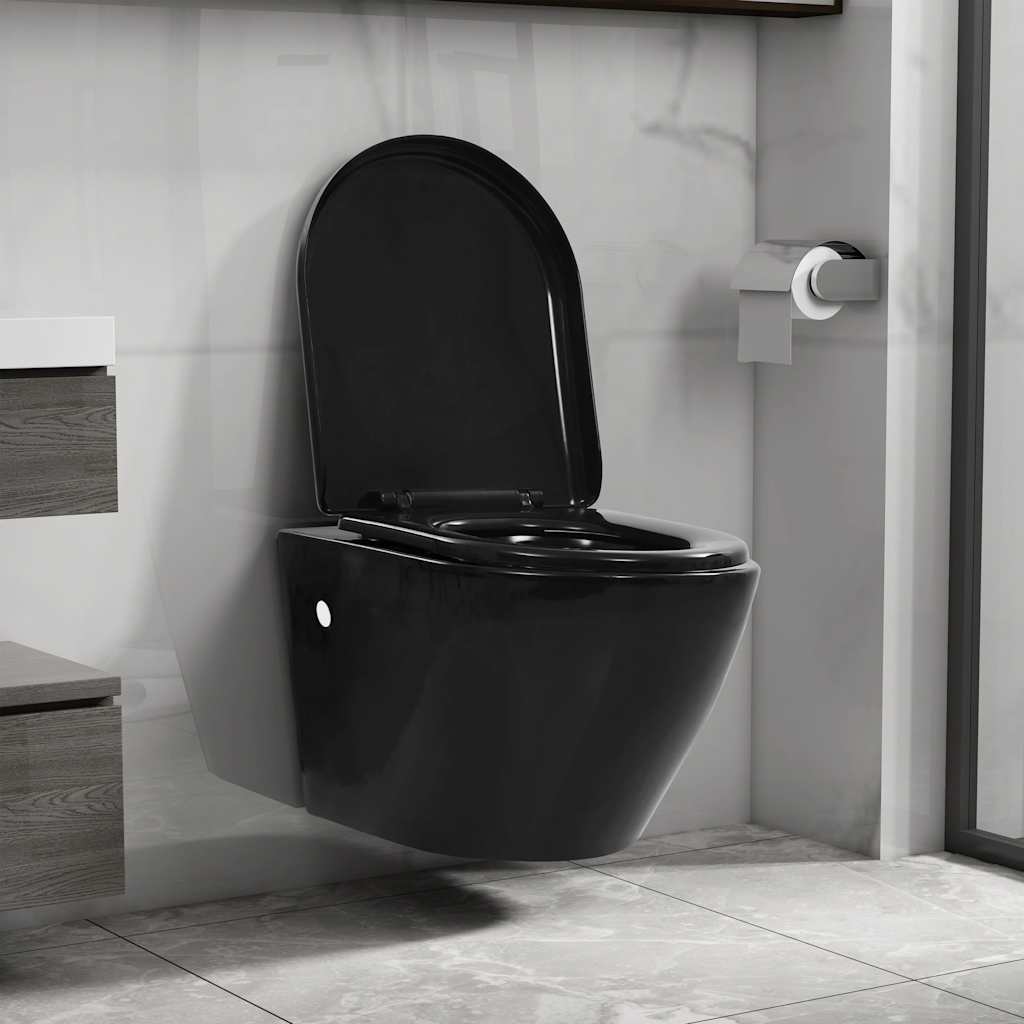 vidaXL Inodoro de pared sin bordes de cerámica negro Negro