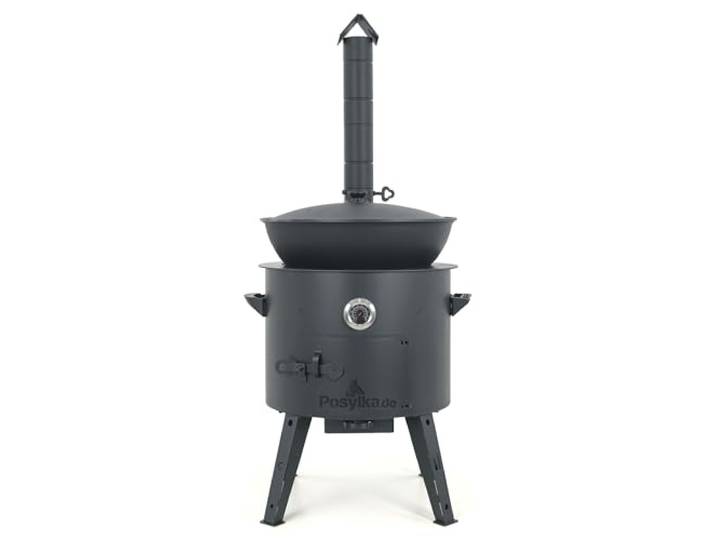 Utschak Feuerofen Ø 49 cm & Gusseisen Topf 22 L Kazan-Set mit Deckel Учаг Outdoor Feuerschale & Dutch Oven Usbekischer Kochtopf aus Gusseisen für Grill & Plov (R22L-528)