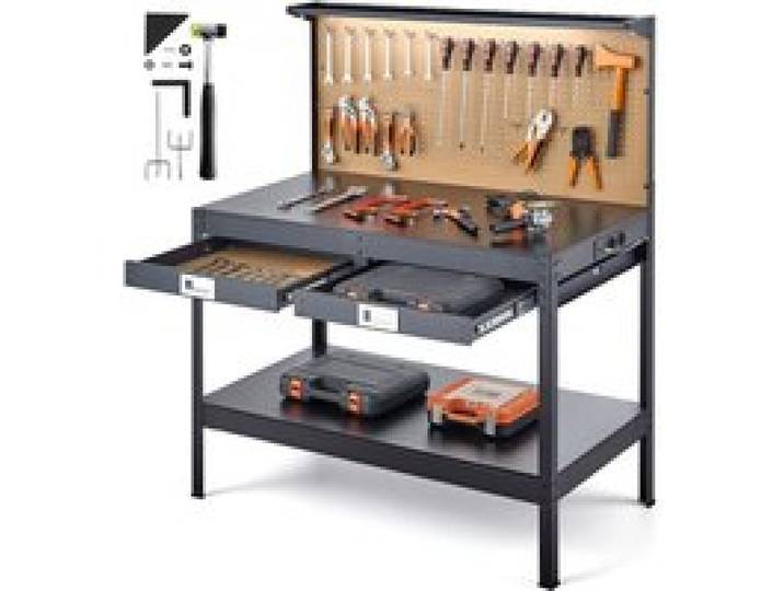 VEVOR Werkbank mit Lochwand, 110kg Belastbarer Arbeitstisch inkl. 2 Ablagefächer 2 Schubladen LED-Beleuchtung & Integrierter Steckdosenleiste mit USB, Multifunktionstisch mit Werkzeugwand für Heimwerk