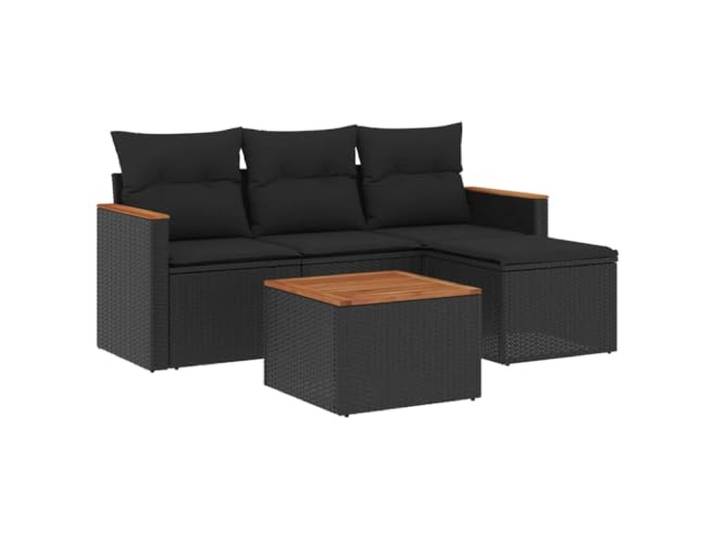 KTHLBRH Gartenmöbel-Set, 5-teilig, Polyrattan, schwarz, mit Kissen Modulare Sessel, Beistelltisch aus Akazienholz, abnehmbare Kissen, lackierter Stahl, für den Außenbereich