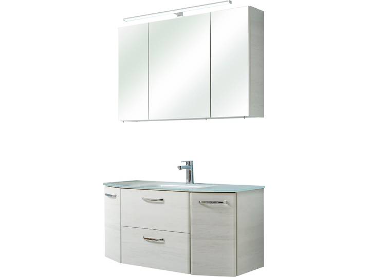 Badmöbel-Set SAPHIR Quickset 2-teilig, Glas-Waschtisch mit LED-Spiegelschrank, 5 Türen , weiss (eiche weiß, eiche weiß), Kastenmöbel-Sets, Badmöbel-Set, Unterschrank mit Waschbecken, inkl. Türdämpfer, Griffe Chrom Glanz