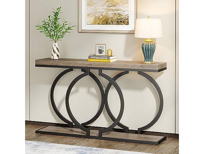 Tribesigns 140 cm Gris Konsolentisch, Moderner Eingangsbereich, Flurtisch mit O-Form Schwarz Metallbeinen, Holz Sofatisch Foyertisch für Wohnzimmer, Grau und Schwarz