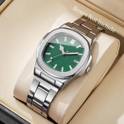 Combo Retail Shop Luxury Men Watches, Business Quartz Watch, Square Dial, Stainless Steel Strap, Calendar Mens Clock Without Box green Without Box