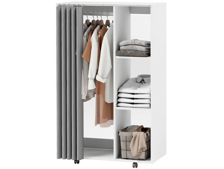 Armoire penderie vêtement dressing mobile 4 roulettes avec tringle à vêtements et étagères ouvertes blanc