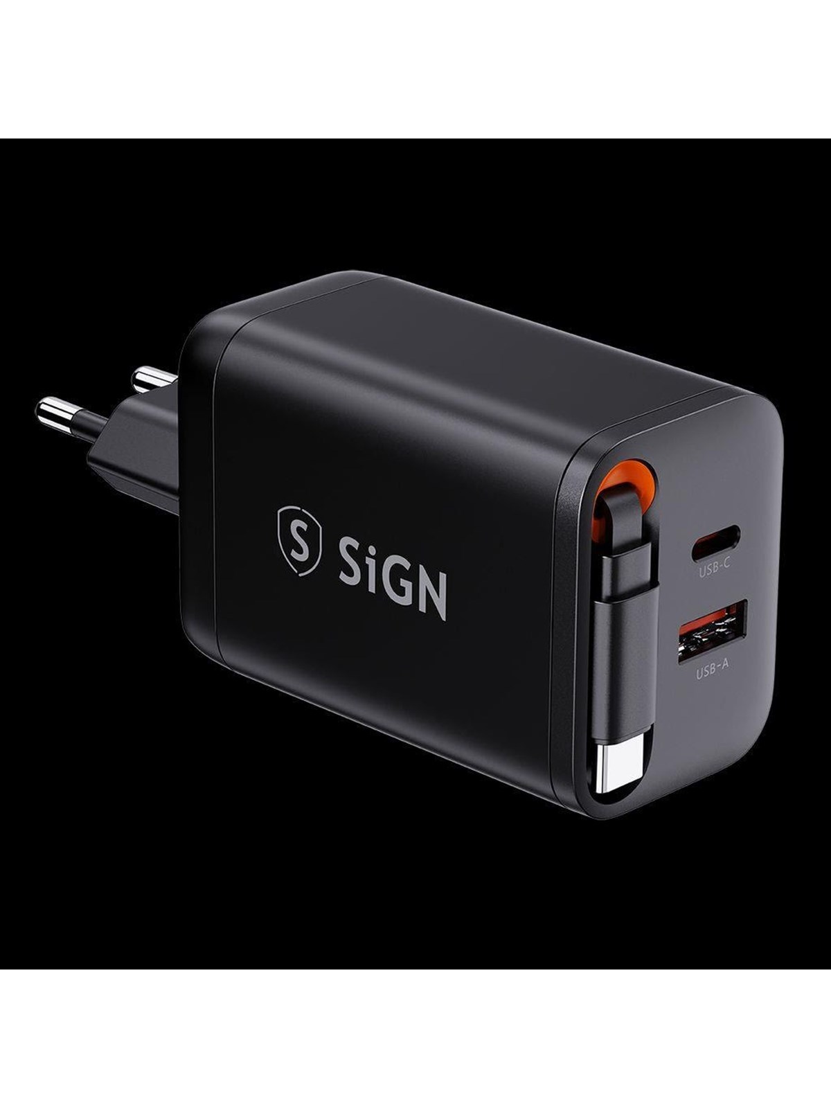 SiGN GaN Fast Charger USB-C/USB-A 65W with extendable USB-C cable - Black