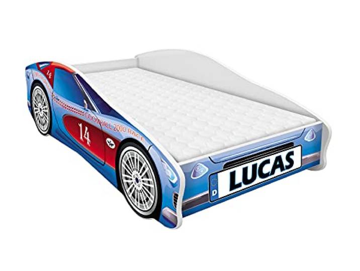 ACMA Autobett 140x70 cm mit Matratze und Lattenrost - Kinderbett Auto personalisiert mit Name, Modell 2, stabiles Jugendbett für Kinderzimmer, belastbar bis 120 kg