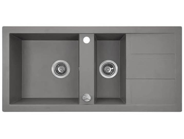 KOLMAN Granitspüle 48x100 cm Barbados Spülbecken 1,5 Becken Grau mit Abtropffläche platzsparender Siphon Gratis