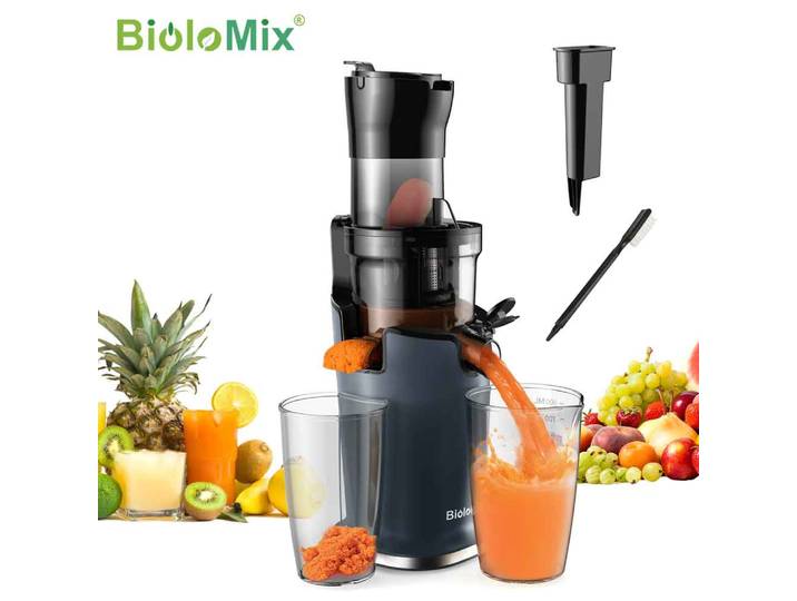 BioloMix Presse-agrumes à pression froide 200 W Extracteur à mastication lente avec goulotte d'alimentation de 78 mm de large pour fruits et légumes entiers