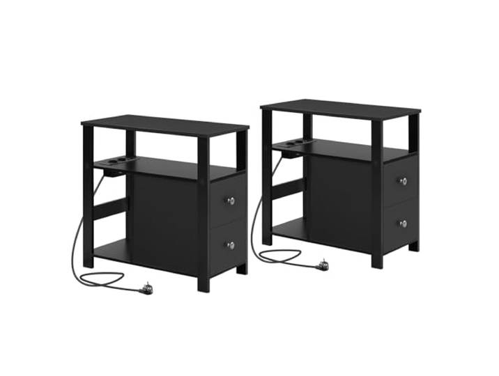 WOLTU Beistelltisch mit Steckdose 2er Set, Nachttisch mit Ladefunktion Sofatisch schmal,mit 2 Schubladen 2 Ablagen 1 Fach,2 Steckdosen,2 USB-Anschlusse,bis 20 kg,Schwarz