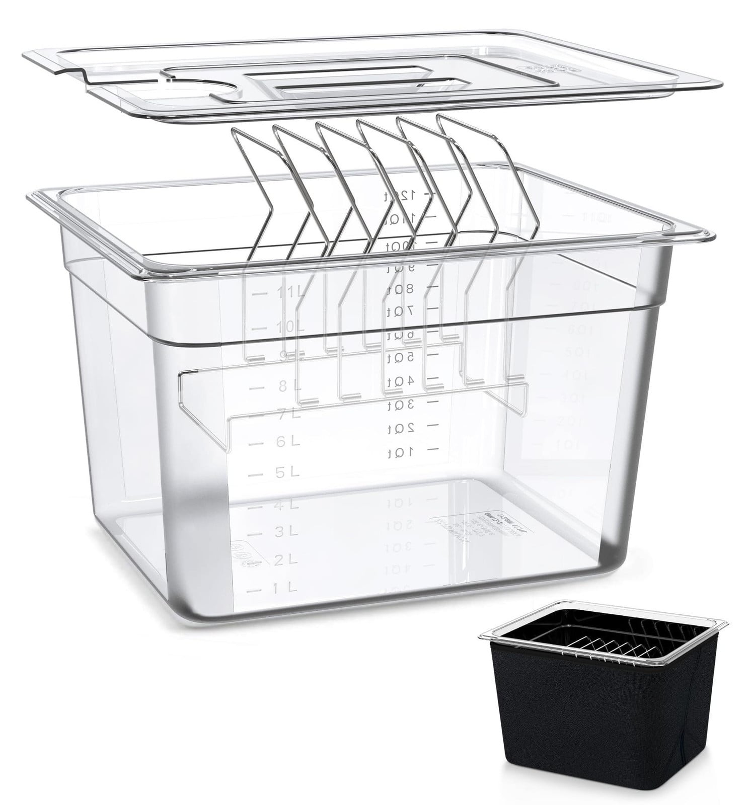 KitchenBoss Sous Vide-container met deksel, roestvrijstalen rooster en isolerende hoes, 11 liter
