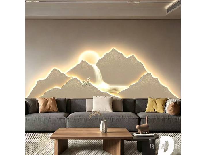 Rendu par une montagne, le salon est décoré d'un luxe léger et grand canapé. Le mur de fond est orné d'orde