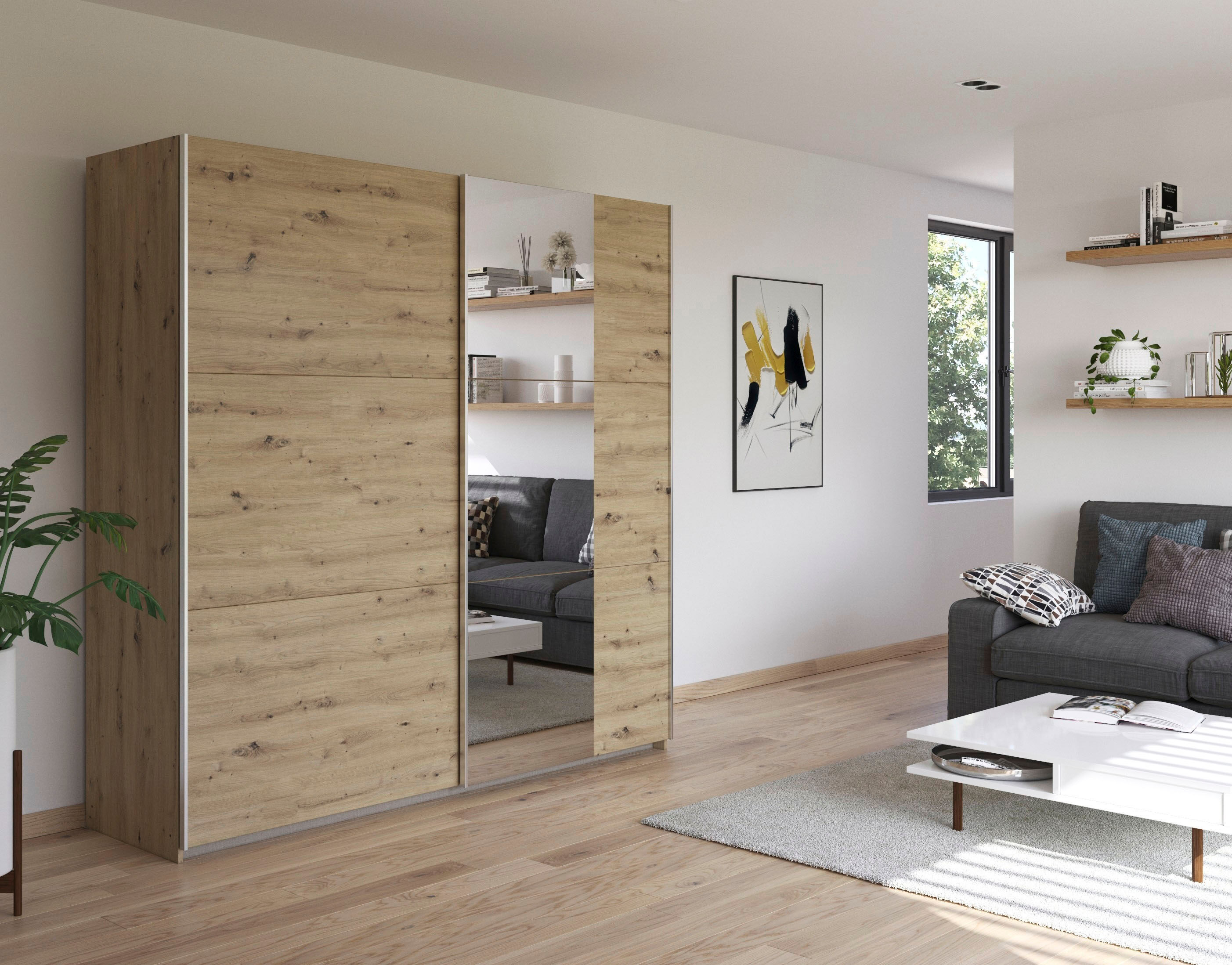 Schwebetürenschrank RAUCH "Kleiderschrank Drehtürenschrank Schrank Garderobe KRONACH", braun (eiche artisan, griffleisten alu, 1 spiegel), B:218cm H:210cm T:59cm, Holzwerkstoff, Schränke, Schwebetürenschrank, optional ohne, mit 1 oder 2 Spiegel, viel Stau