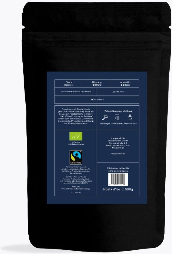 roastmarket you got roasted! Cafe Crema Creamylicious Bio 500 g   hele bonen   Oeganda, Peru   Fairtrade Arabica koffie met melkchocolade smaak
