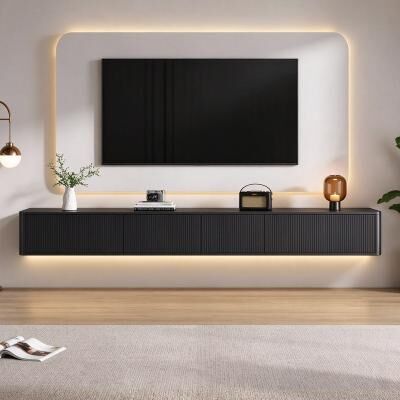 "78.7"" Modern Curved Corner Floating TV Stand, APP RGB Lighting, Built-in Outlet, Fluted Panel, Wall Mount Media Cabinet"