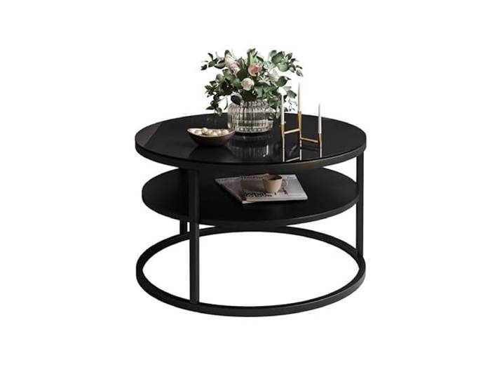 Lookway Couchtisch CIRI Slim, Schwarzes Glas/Schwarz Minimalistisch, Rund, Mit Ablage, Ø60 cm