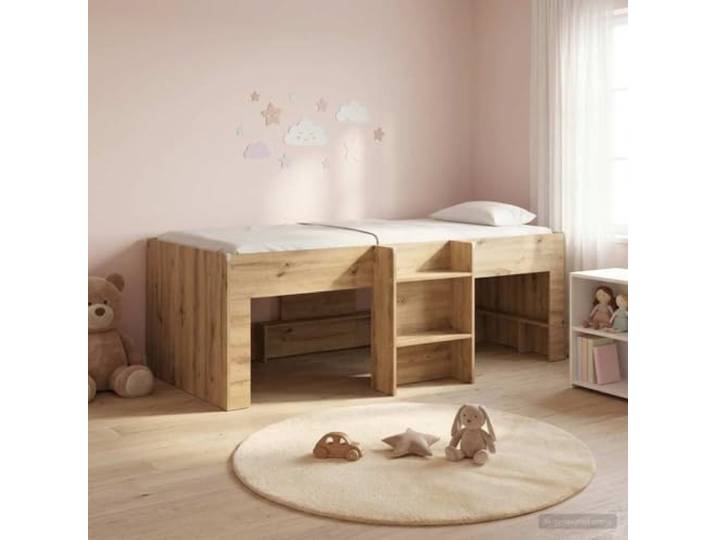KTHLBRH Hochbett für Kinder, Eichenholz, 90 x 190 cm Technisches Holz, integrierte Leiter, Unterbettraum, modernes Design, 120 kg