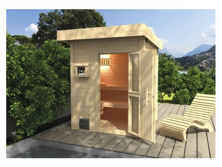 Saunahaus Weka Naantali inkl.9 kW Ofen u.ext.Steuerung mit Holztüre und Isolierglas wärmegedämmt