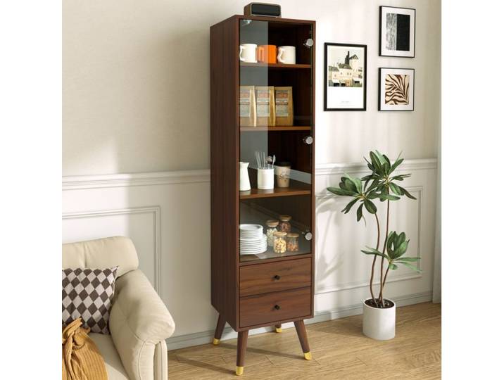 ULEVR Vitrine haute moderne en MDF aspect bois noyer porte vitrée 3 étagères réglables et 2 tiroirs