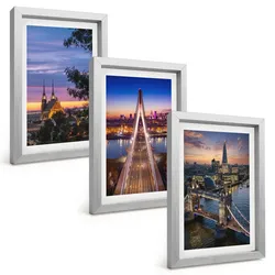 BILDER SET 3er Set - 20x30 cm Silberner Rahmen - Ausblicke auf Brücken und Sonnenuntergänge