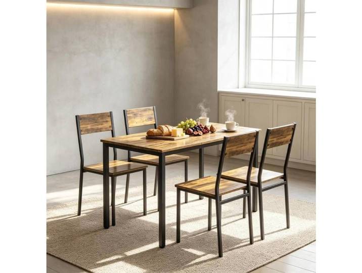 ULEVR Ensemble table à manger 4 chaises style industriel plateau effet bois structure métal noir 108 x 60 x 76 cm