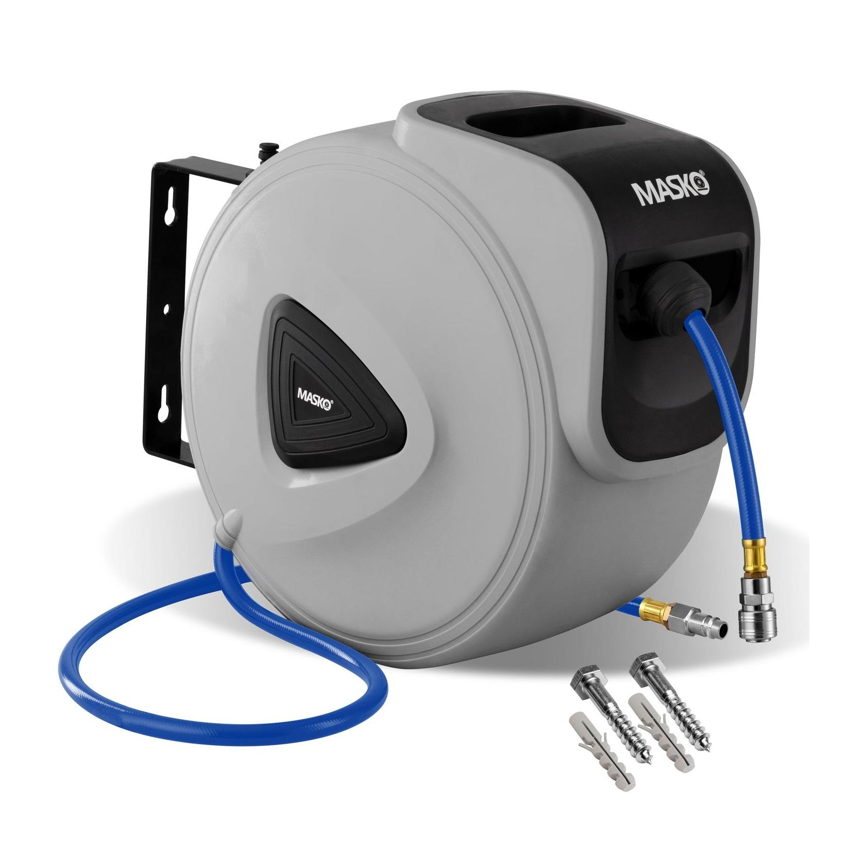 MASKO® Automatik Druckluftschlauch Aufroller – Schlauchtrommel mit 1/4" Anschluss, Schlauchaufroller, Wandhalterung, Tragegriff, 180° schwenkbar, Schlauchbremse, vormontiert & sofort einsatzbereit