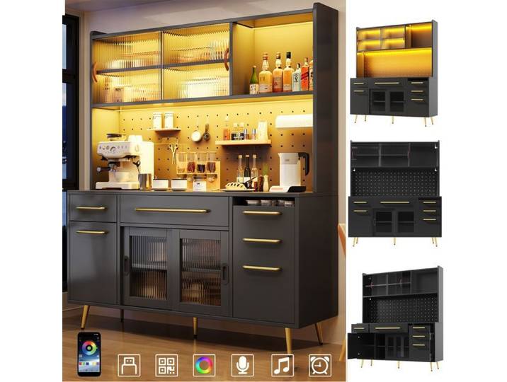 Buffet moderne avec éclairage LED - 145x39x171 cm - Noir - MDF et verre - Éclairage LED avec 60 couleurs