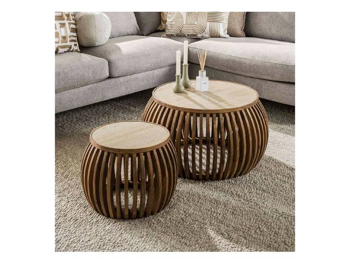 alesvelt Couchtisch Couchtisch-Set ALBA FERA Bauchige Design-Satztische (2er Set), Travertin-Keramik