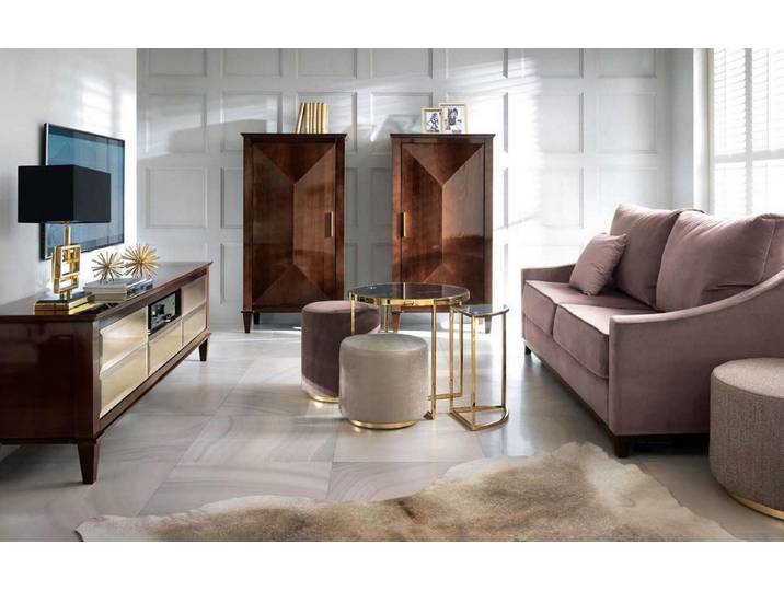Xlmoebel Polstergarnitur Luxus-Wohnzimmermöbel in edlem Holzdesign mit Sofa und Hocker, (Wohnzimmermöbel, 7-tlg., Set 7tlg Wohnzimmer (Sofa + 3xHocker + 2xSchrank + RTV), Hergestellt in Europa