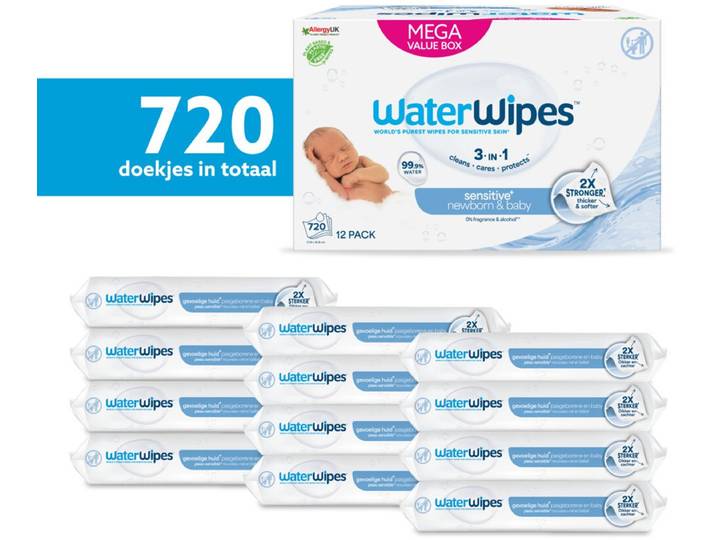WaterWipes Billendoekjes Bio Sensitive - 99\,9% Water - 12 x 60 - 720 Babydoekjes