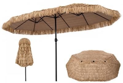 Costway 15 x 9 FT Double-sided Thatched Tiki Patio Umbrella with Crank Handle and 12 Sturdy Ribs-Brown