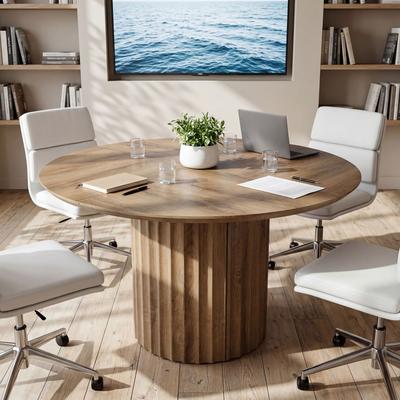 Lee 47.24-Inch Round Meeting Table for 4-6, Small Conference Room Table with Fluted Pedestal Base
