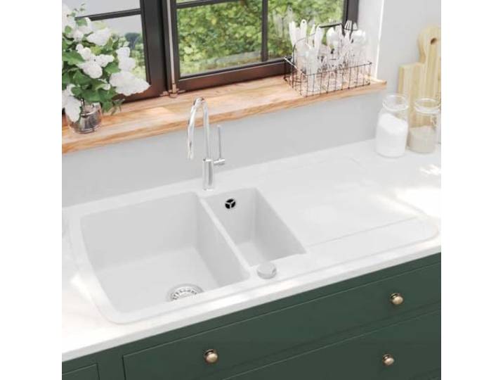 KFPOERTFGD Doppelbecken Granitspüle, Einbau-Spüle Küche Weiß 960x500x310 Reversibel für flexiblen Einbau, Hitzebeständig bis 280 C, Kratzfest & robust