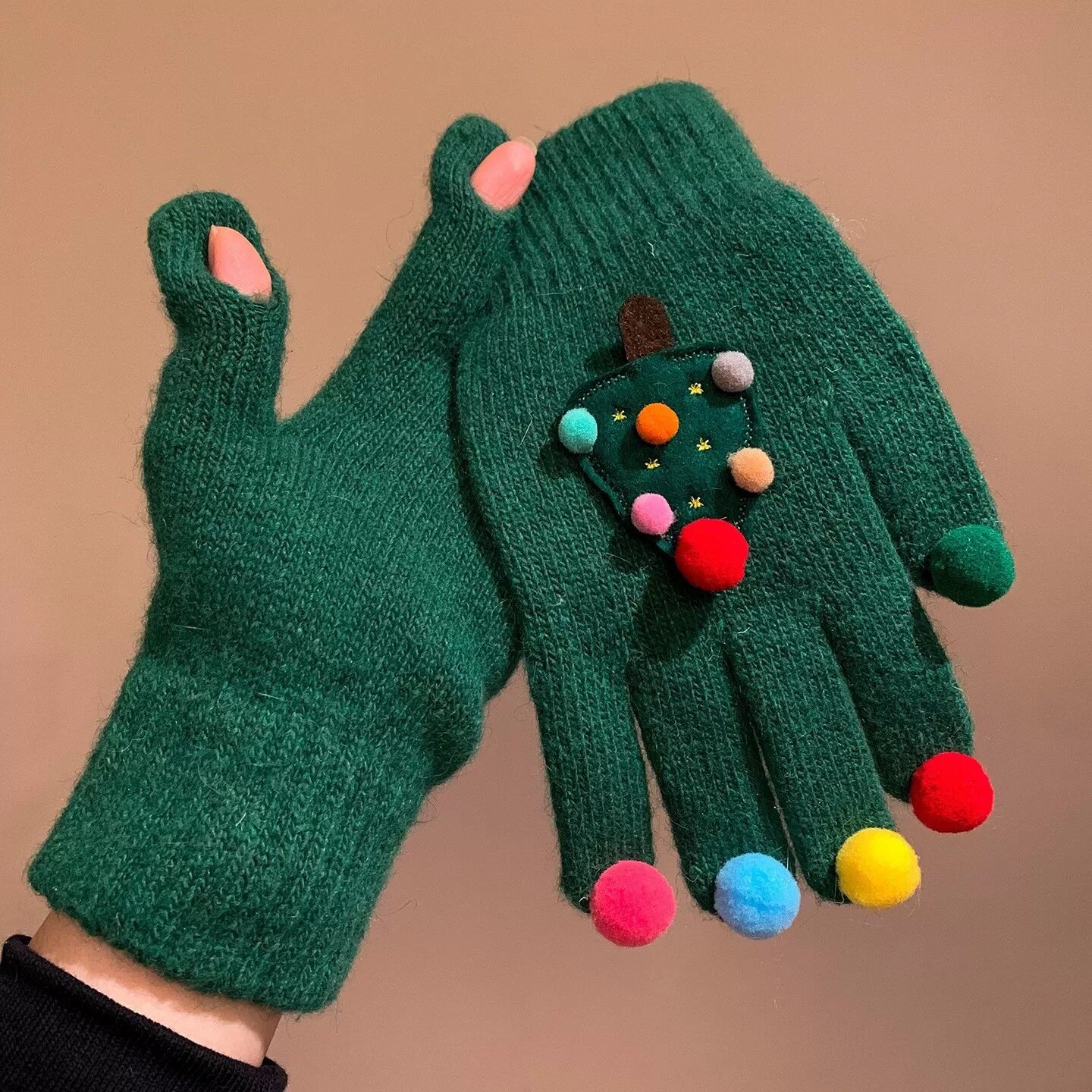 INF Gants Tricot Noël Arbre Hiver Mignons et Créatifs à Cinq Doigts Vert