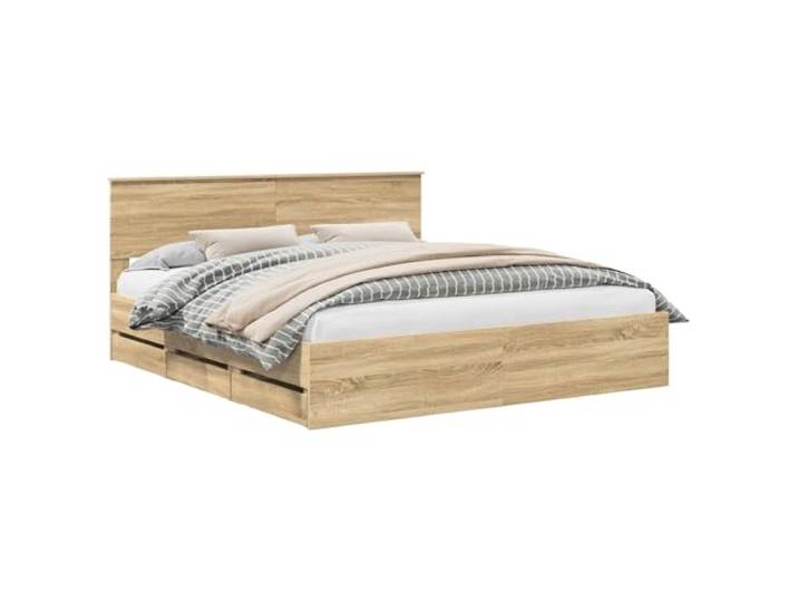 PUGYNBK Bettrahmen Sonoma Eiche 200 x 200 cm Ingenieur Versteckte Aufbewahrung, feste Lamellenbasis, minimalistischer Stil, einfache Reinigung