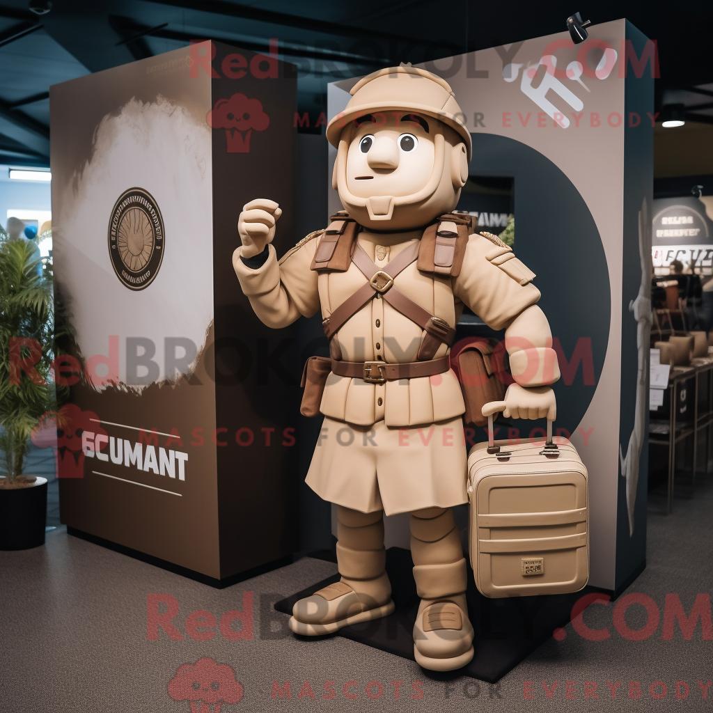 Maskottchen REDBROKOLY eines braunen römischen Soldaten mit Bomberjacke und Aktentasche