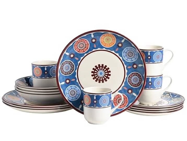 CreaTable\, 24010\, série Sumaya Blue\, service de table 16 pièces pour 4 personnes\, service combiné en grès\, adapté au lave-vaisselle et au micro-ondes\, production de qualité