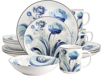 Elama Peony Garden 16 Piece Floral Design Round Porcelain Dinnerware Set in Blue